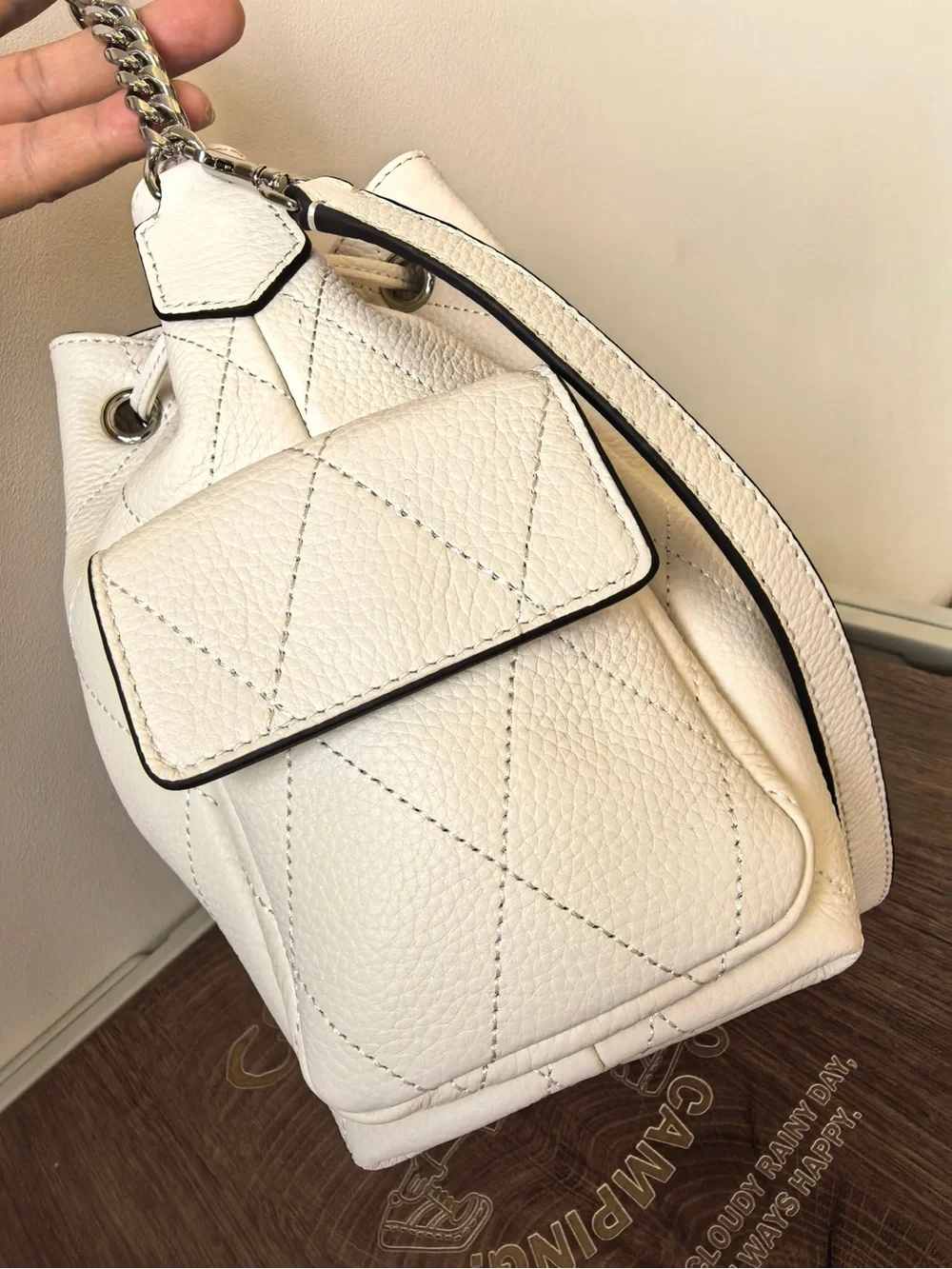 Classic Cream Drawstring Leather Bucket Bag
